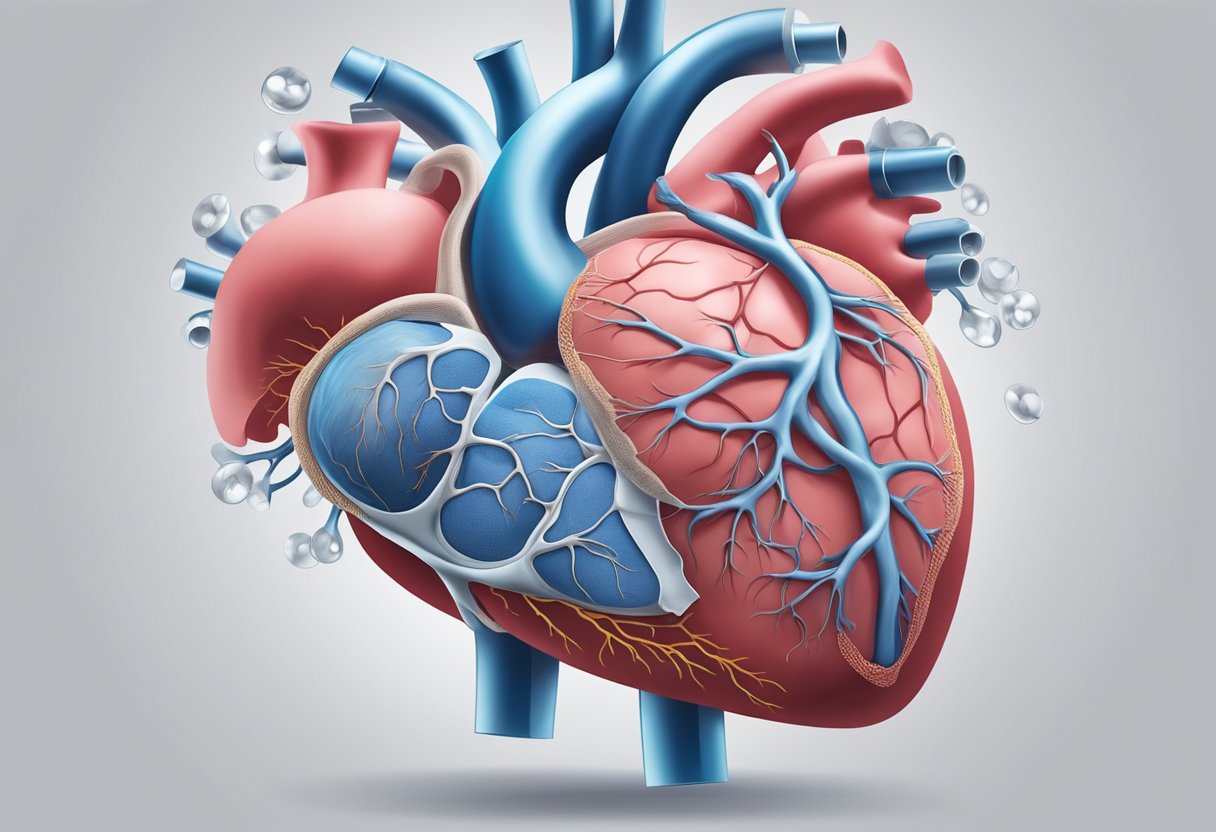 A heart with damaged valves and weakened muscle, surrounded by fluid buildup in the lungs and extremities. Medications and lifestyle changes being implemented