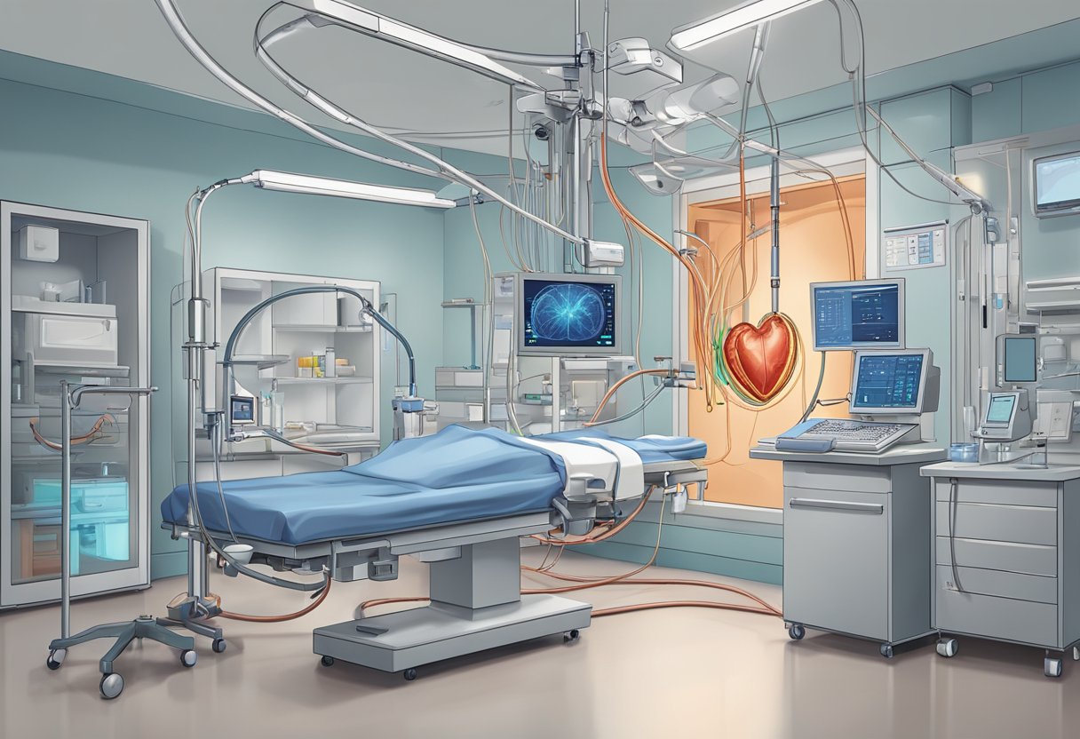 A catheter being guided through a blood vessel towards the heart, with imaging equipment and medical tools surrounding the procedure
