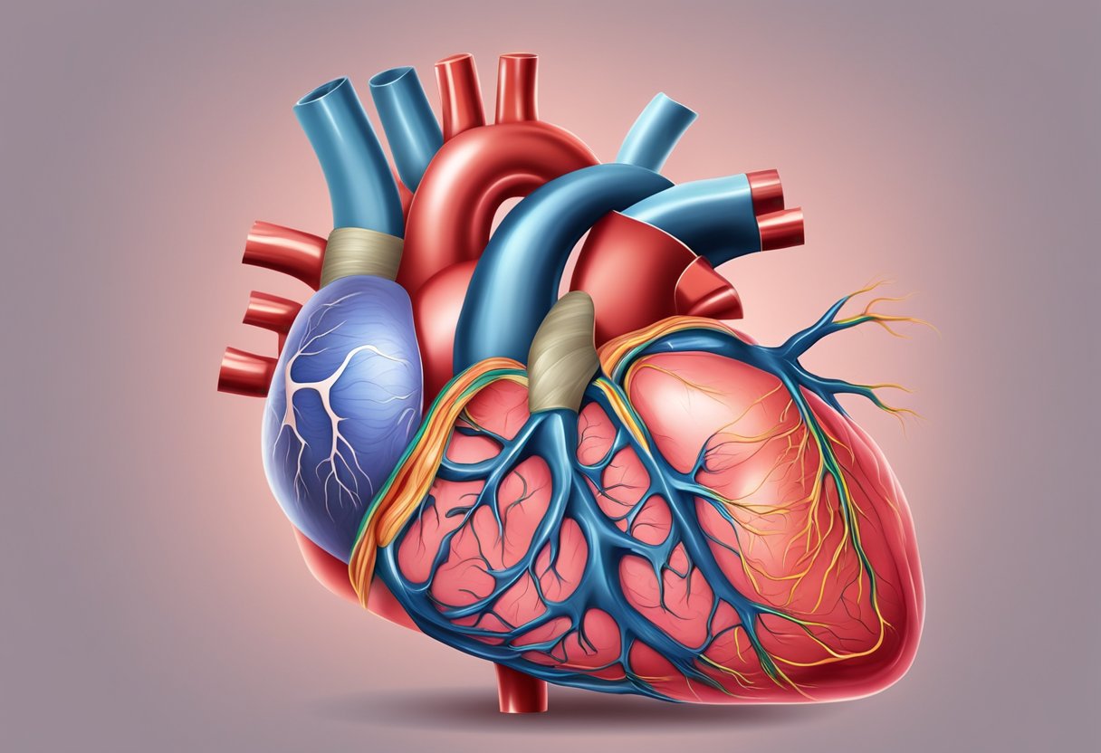 A heart with damaged muscles and fluid buildup, causing swelling and difficulty pumping blood