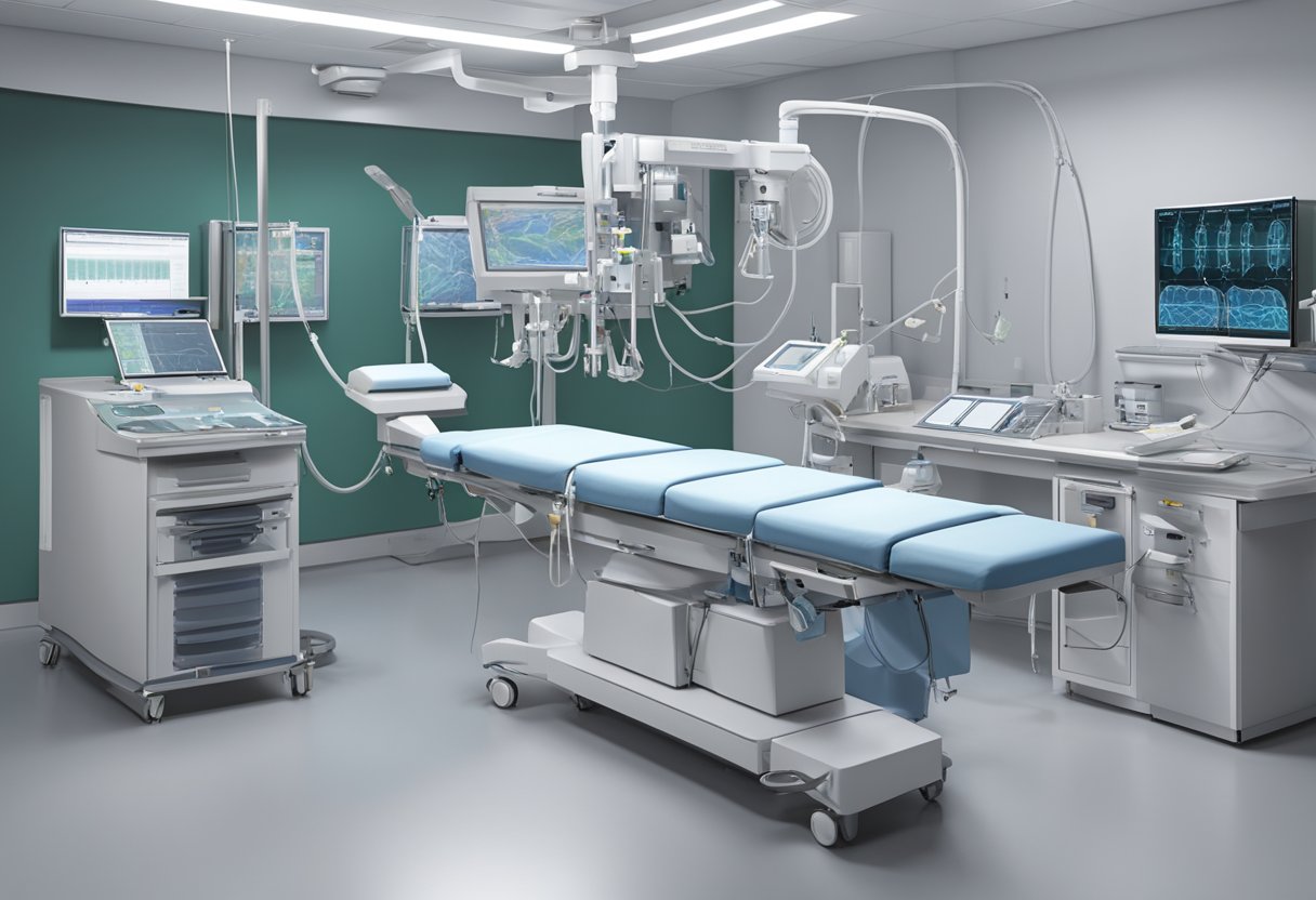 A cath lab with a fluoroscopy machine, angiography system, and various catheters and guidewires laid out on a sterile table