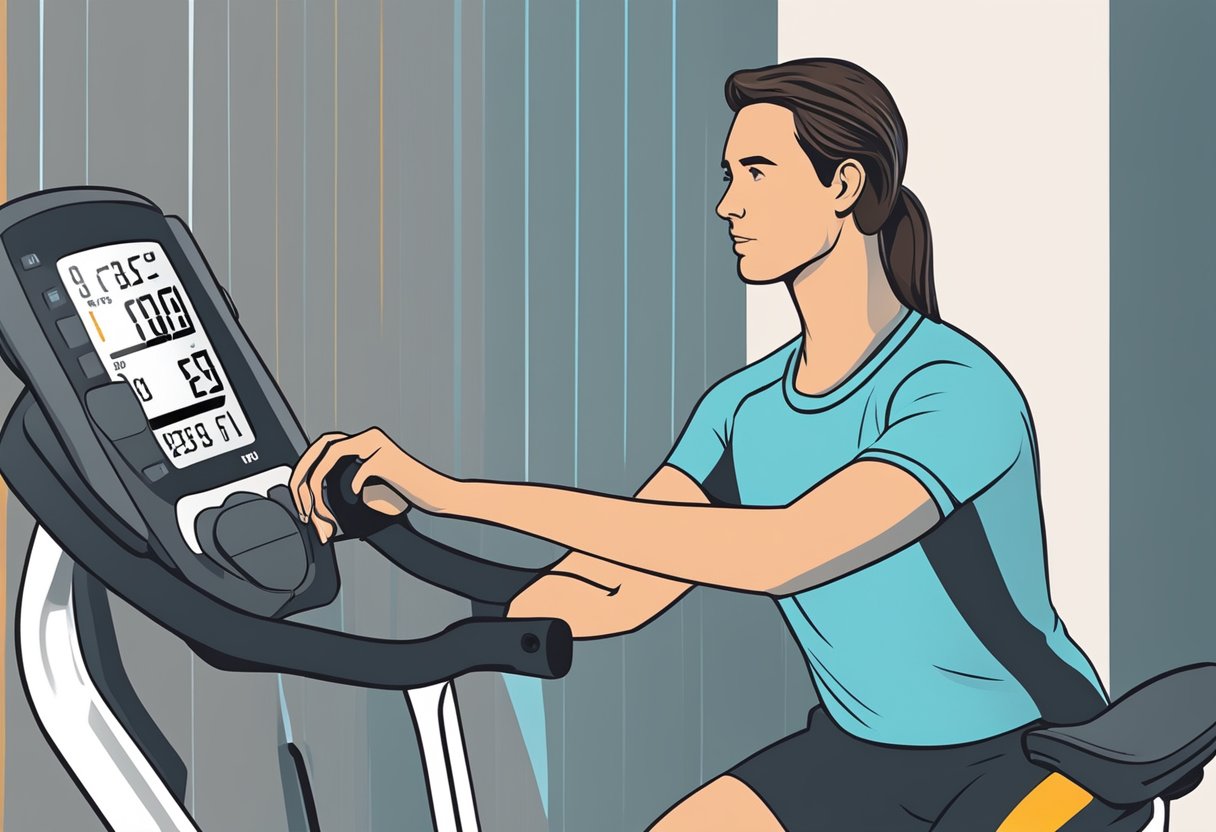 A heart rate monitor displaying decreasing numbers, while a person engages in light exercise
