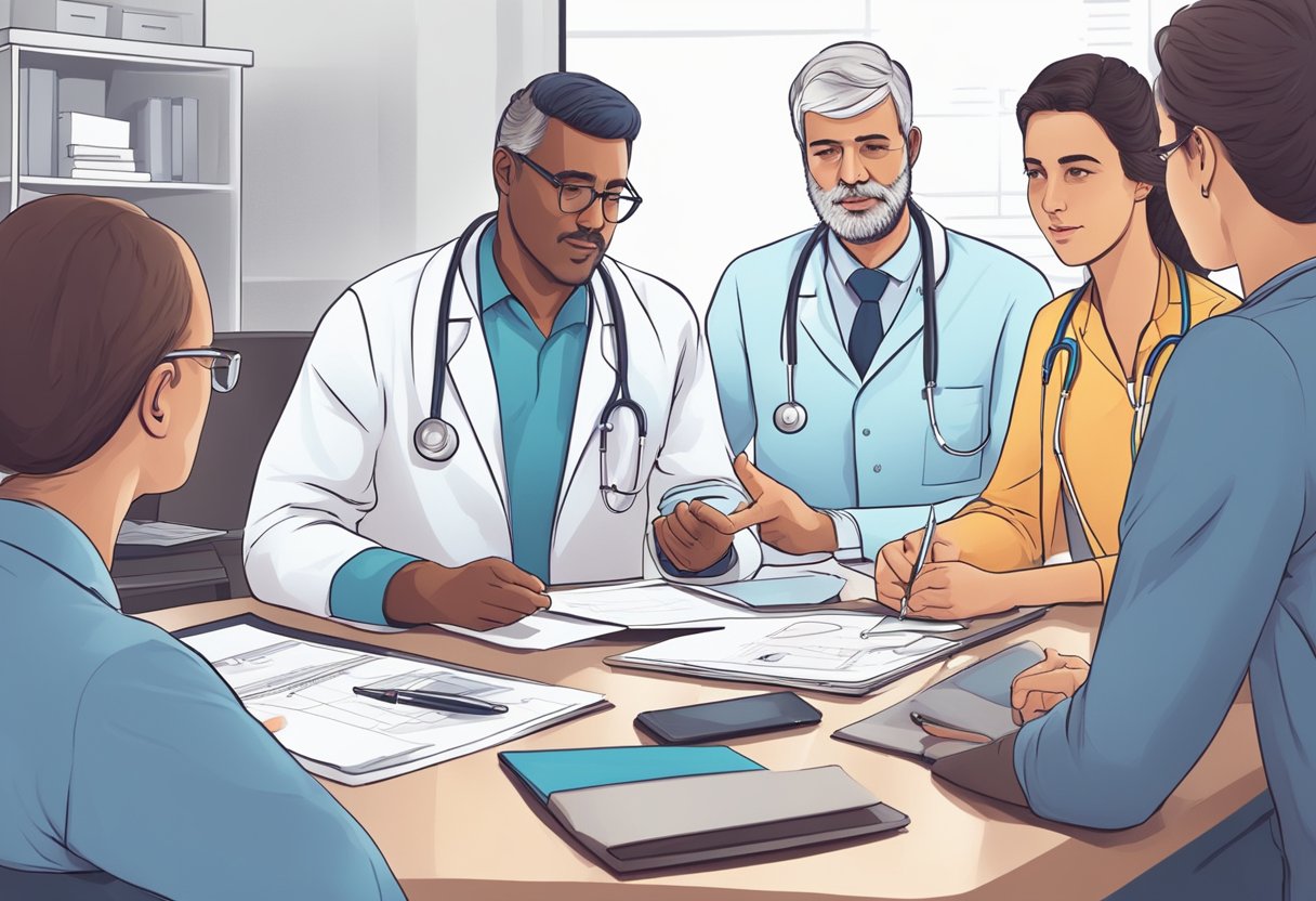 A doctor assesses a patient's low heart rate, reviewing charts and consulting with colleagues. They discuss potential causes and treatment options