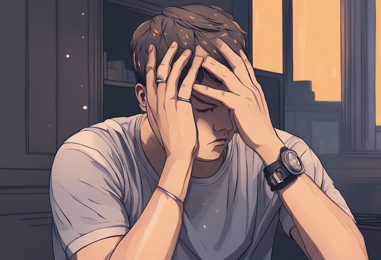 A person clutching their chest in distress. Sweat beads on their forehead. The room is dimly lit, adding to the sense of discomfort and anxiety
