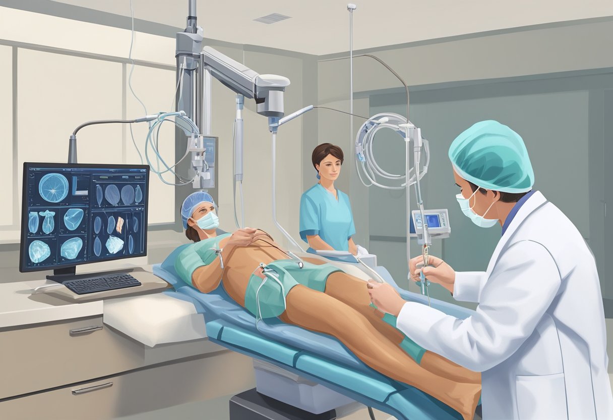 A cardiologist inserts a catheter into a patient's artery, guiding it to the heart using fluoroscopy. They then perform angioplasty to open a blocked artery and insert a stent to keep it open