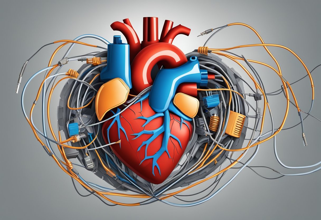 A heart surrounded by tangled wires, smoking machinery, and a cracked foundation, symbolizing common causes of heart pain