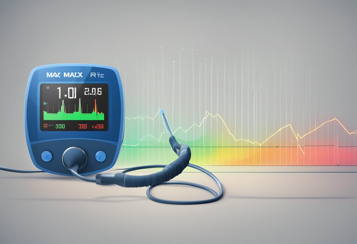 A heart rate monitor displays a pulsing line reaching its peak, with numbers indicating "max heart rate" in the background
