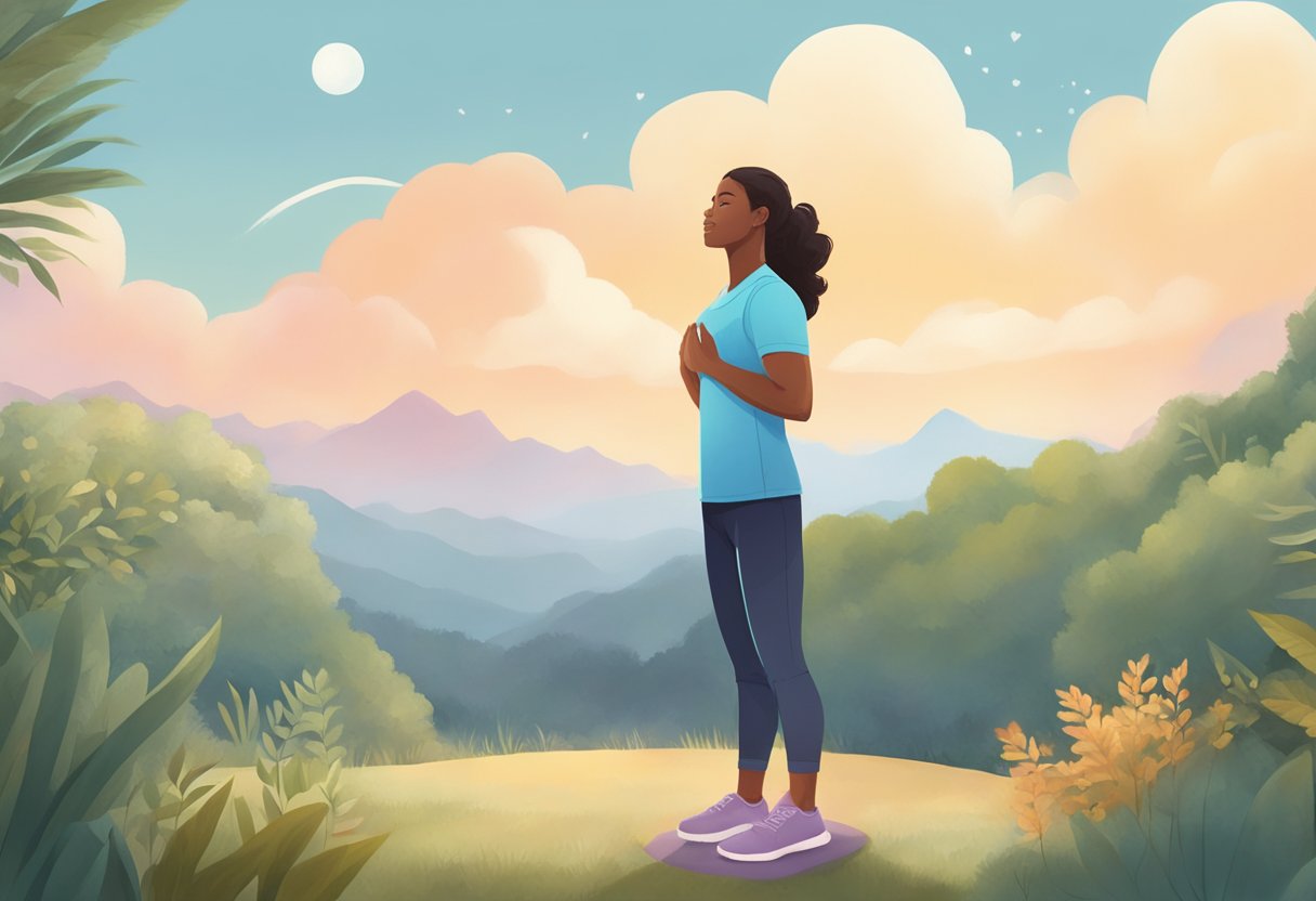 A person standing in a peaceful outdoor setting, taking slow, deep breaths and gently stretching their muscles to cool down their heart rate