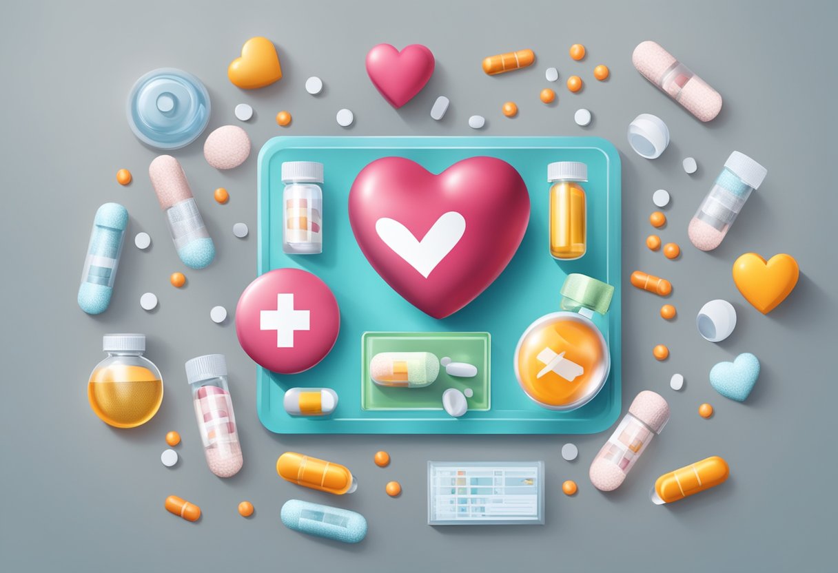 A heart surrounded by diclofenac pills, with warning signs and medical equipment nearby