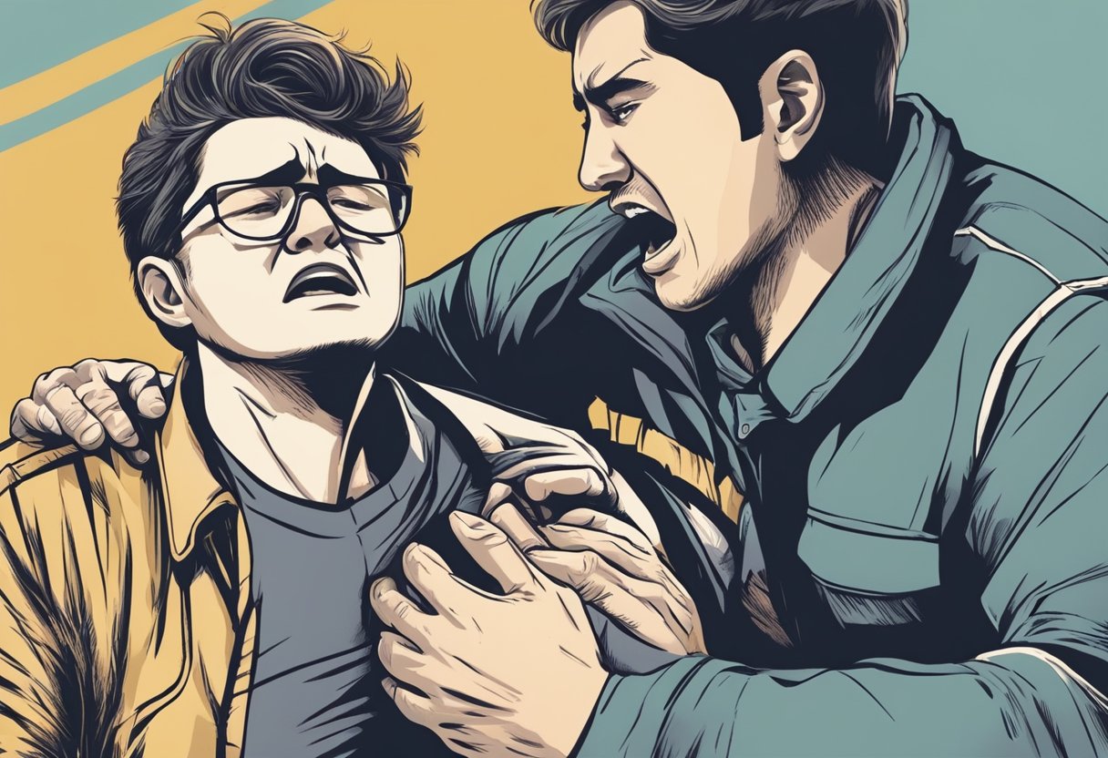 A person clutching their chest, grimacing in pain, while a bystander calls for emergency help