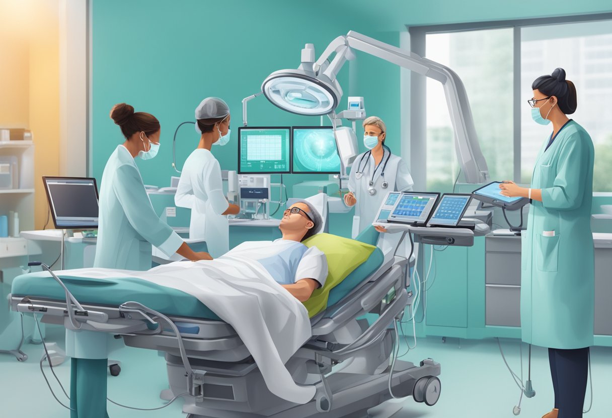 A doctor performing a cardiac intervention, surrounded by medical equipment and monitors, with a team of medical professionals assisting