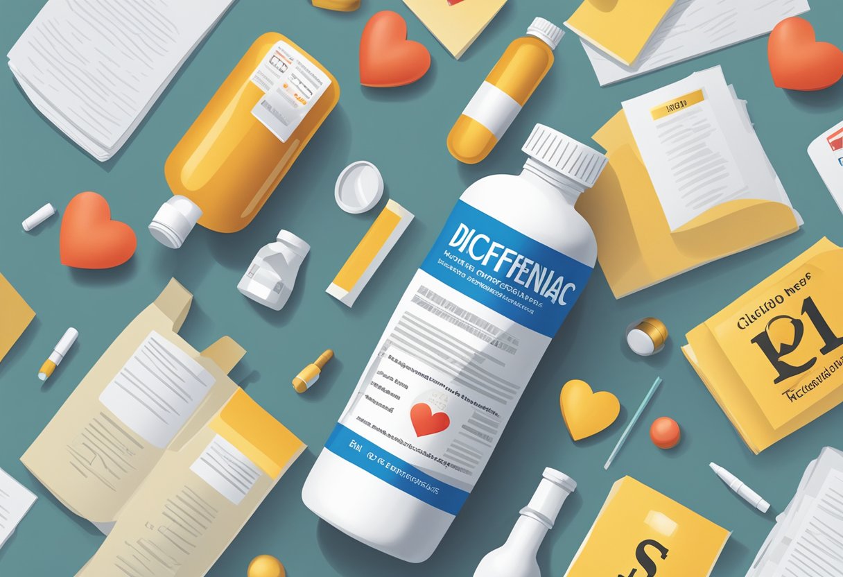 A bottle of diclofenac next to a heart symbol with a caution sign, surrounded by medical literature on cardiovascular risks