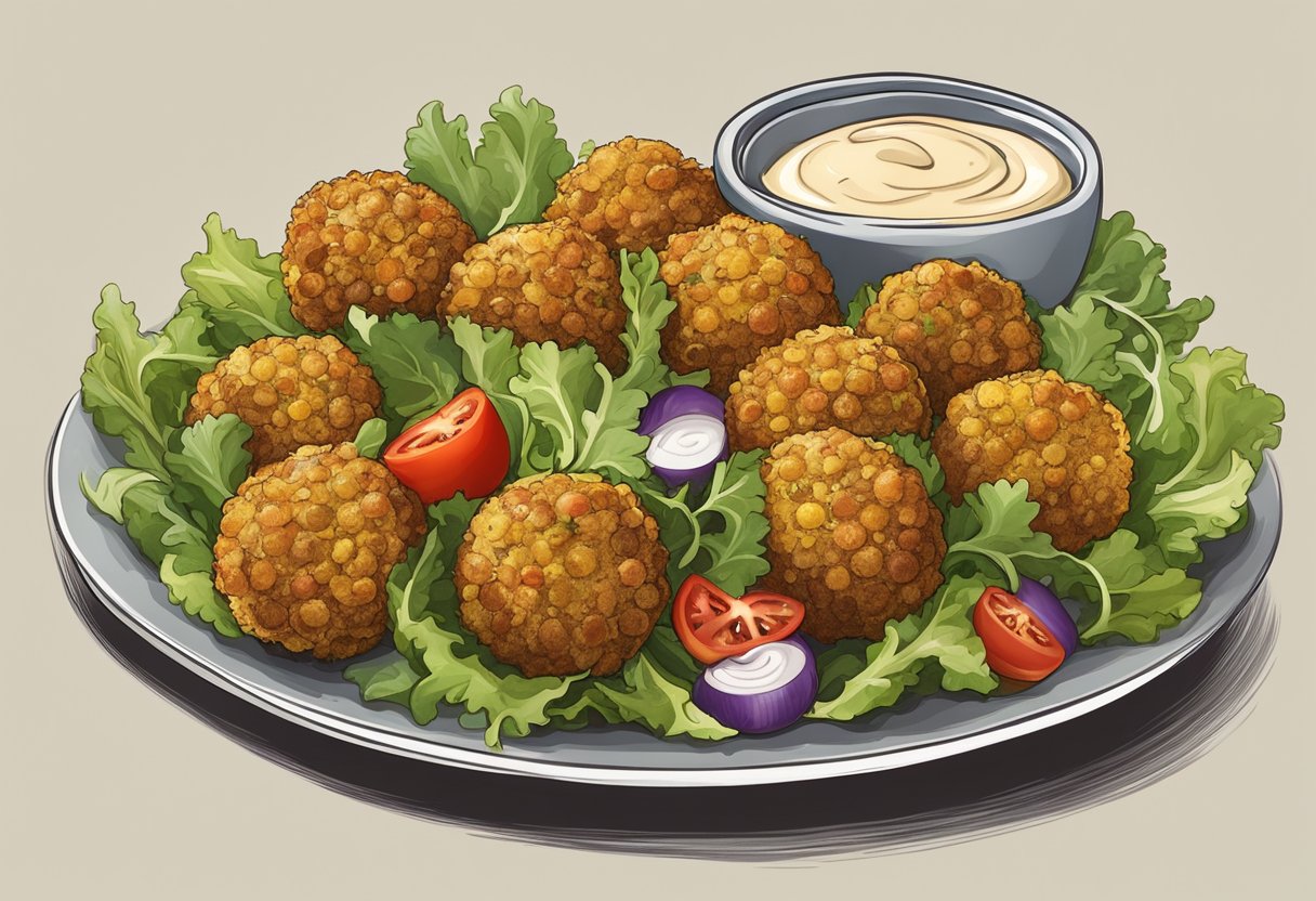 A colorful platter with golden falafel balls, vibrant mixed greens, juicy tomatoes, pickled vegetables, and creamy tahini sauce