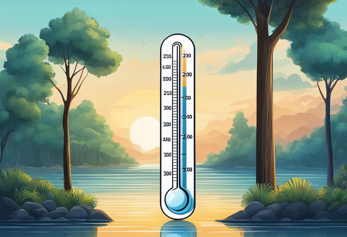 A thermometer with a dropping temperature, a calm ocean, and a tranquil forest
