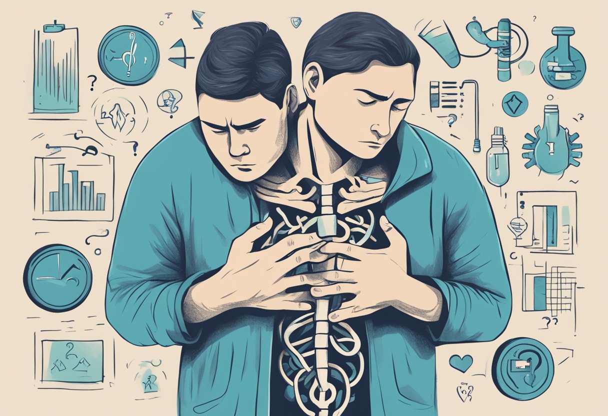 A person clutching their chest in pain, surrounded by question marks and medical symbols