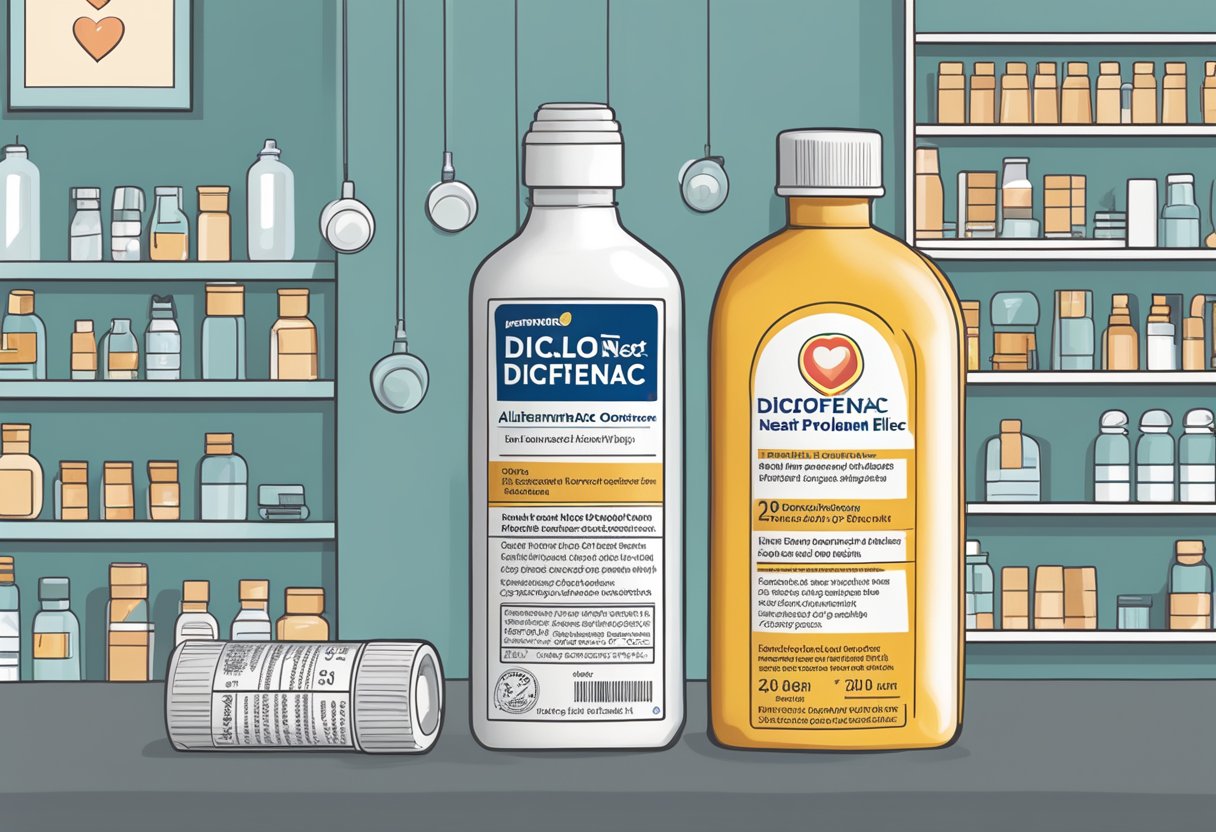 A bottle of diclofenac next to a warning label about heart problems. Alternative pain relief options displayed nearby