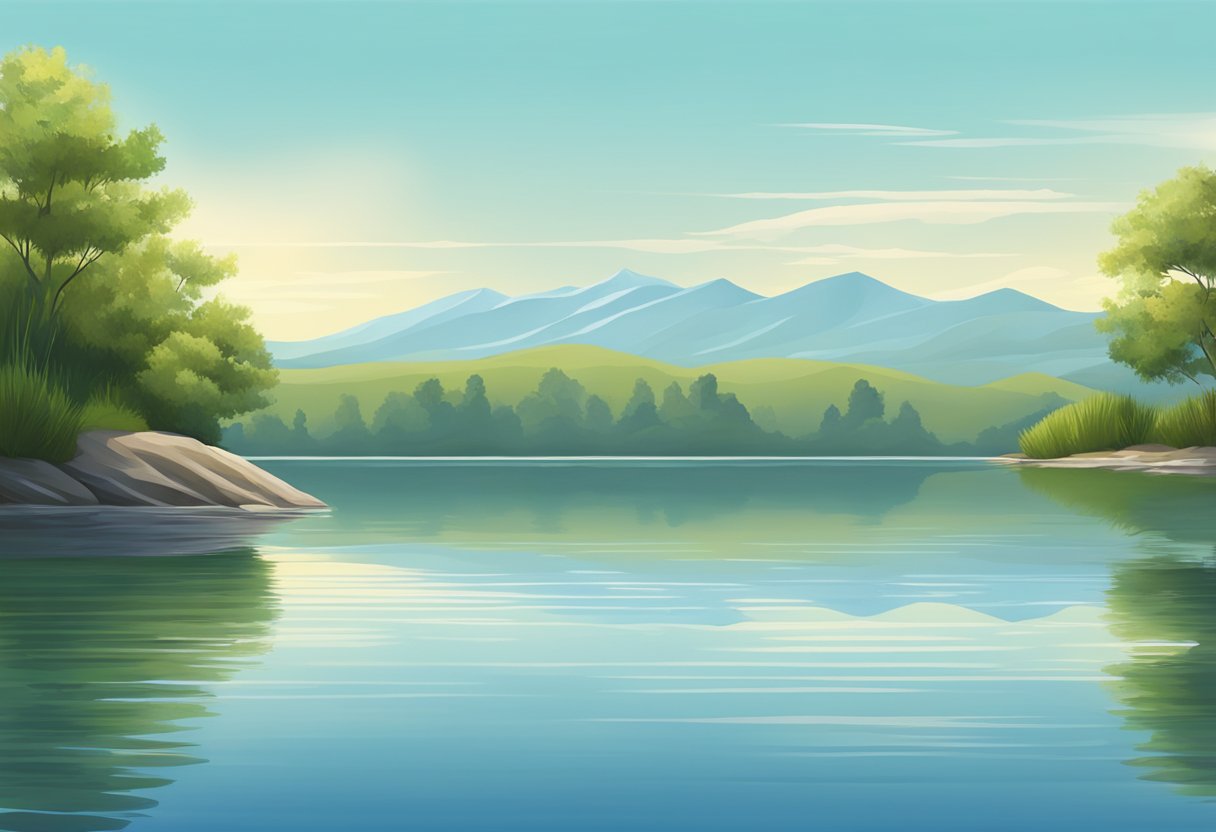 A calm lake with gentle ripples and a clear blue sky above
