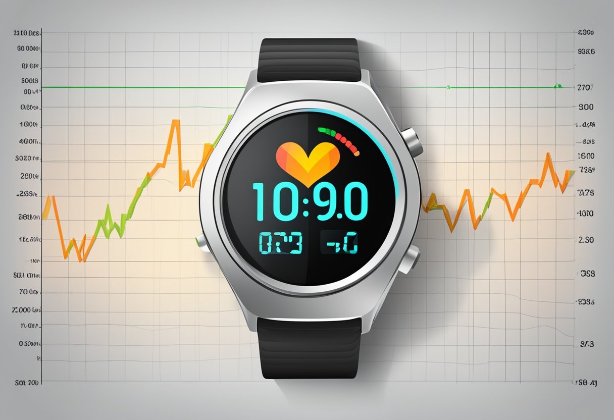 A heart rate monitor displays a high heart rate, with the graph showing a steep upward trend