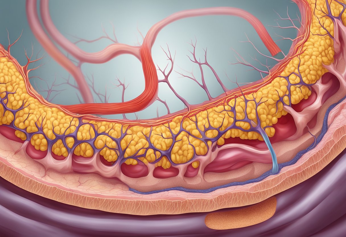 A clogged artery with plaque buildup, restricting blood flow