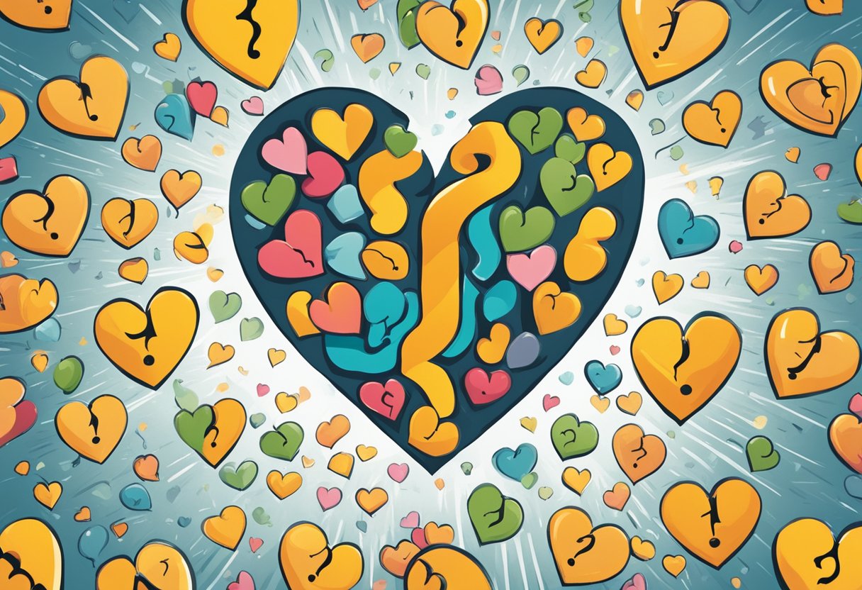 A heart surrounded by question marks, with a warning sign, symbolizing diclofenac heart problems