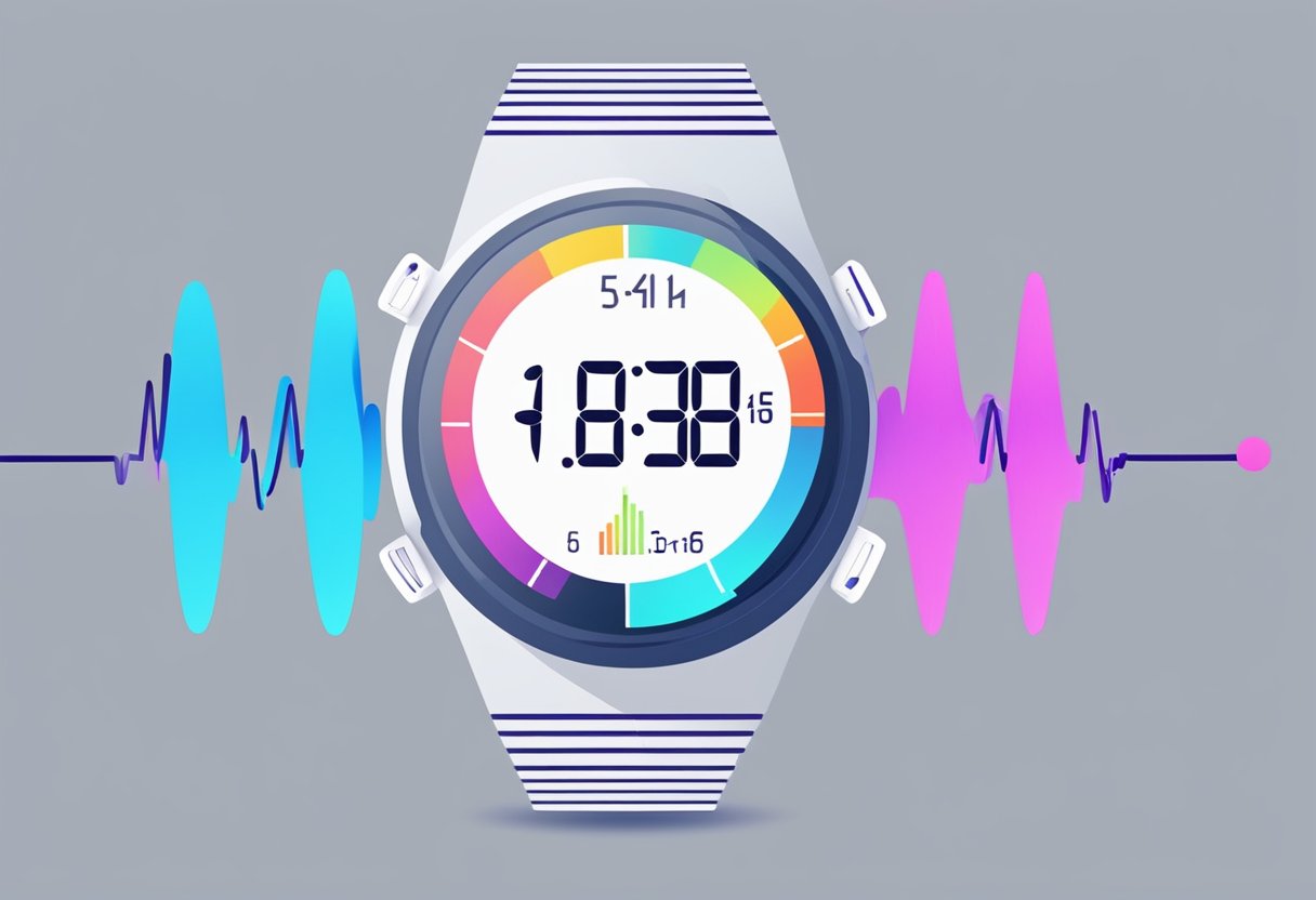 A heart rate monitor displays a steady, regular pulse. Nearby, a person exercises with a calm, controlled rhythm
