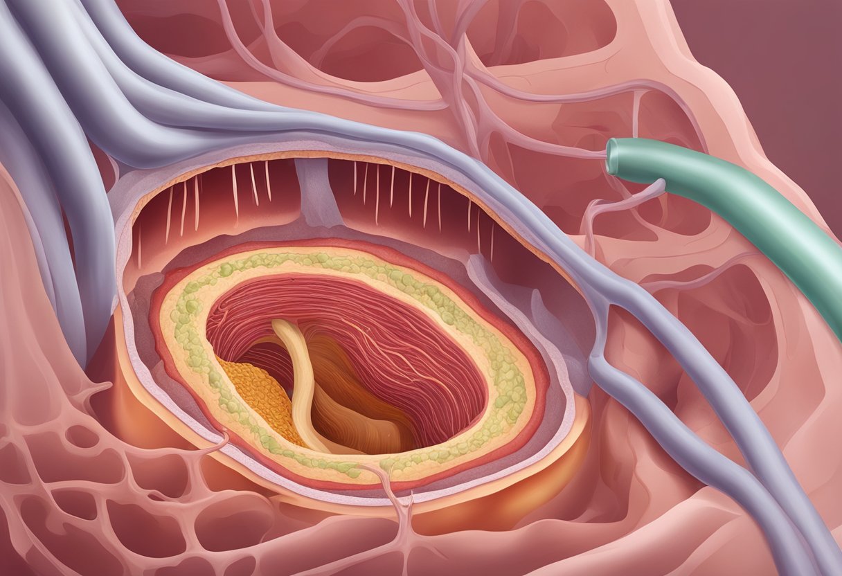 A clogged artery with plaque buildup, restricting blood flow