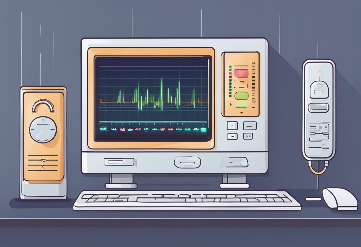 A heart rate monitor displays a steady, healthy resting heart rate. A person's hand rests on the monitor, showing a sense of calm and control