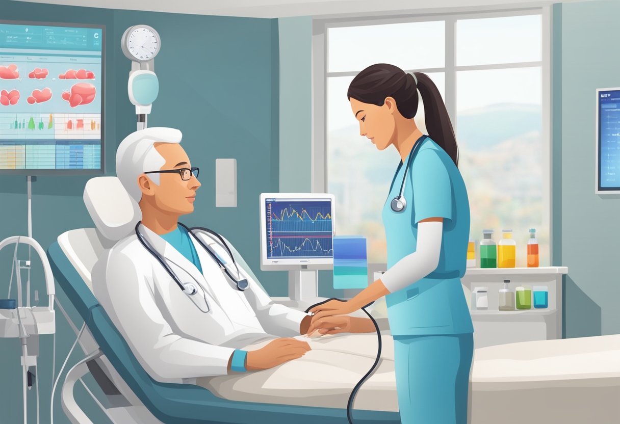 A patient's heart rate is monitored and treated with medication by medical staff