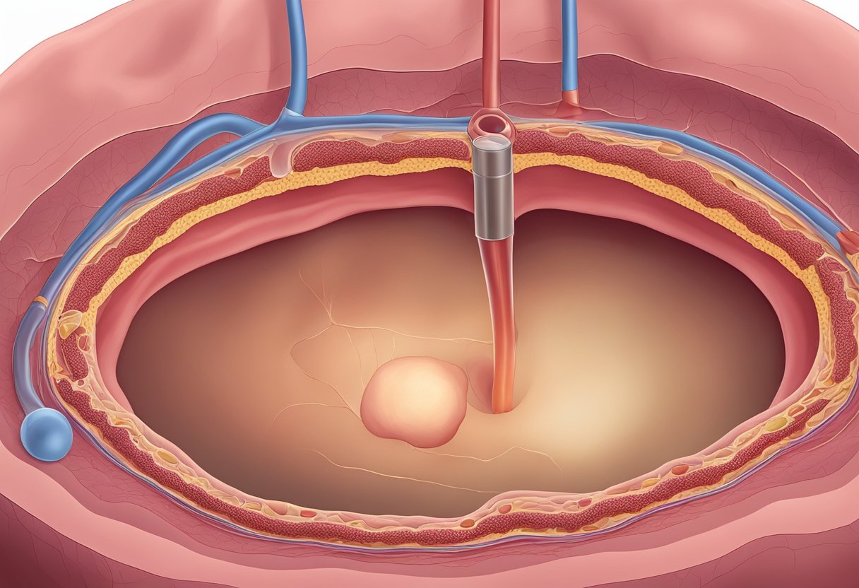 A blocked artery with plaque buildup, causing restricted blood flow. The prognosis is uncertain