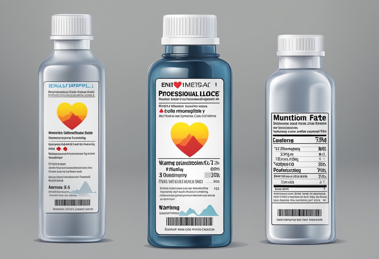 Enalapril bottle with warning label. Heart rate monitor showing decrease. Warning sign with precautions