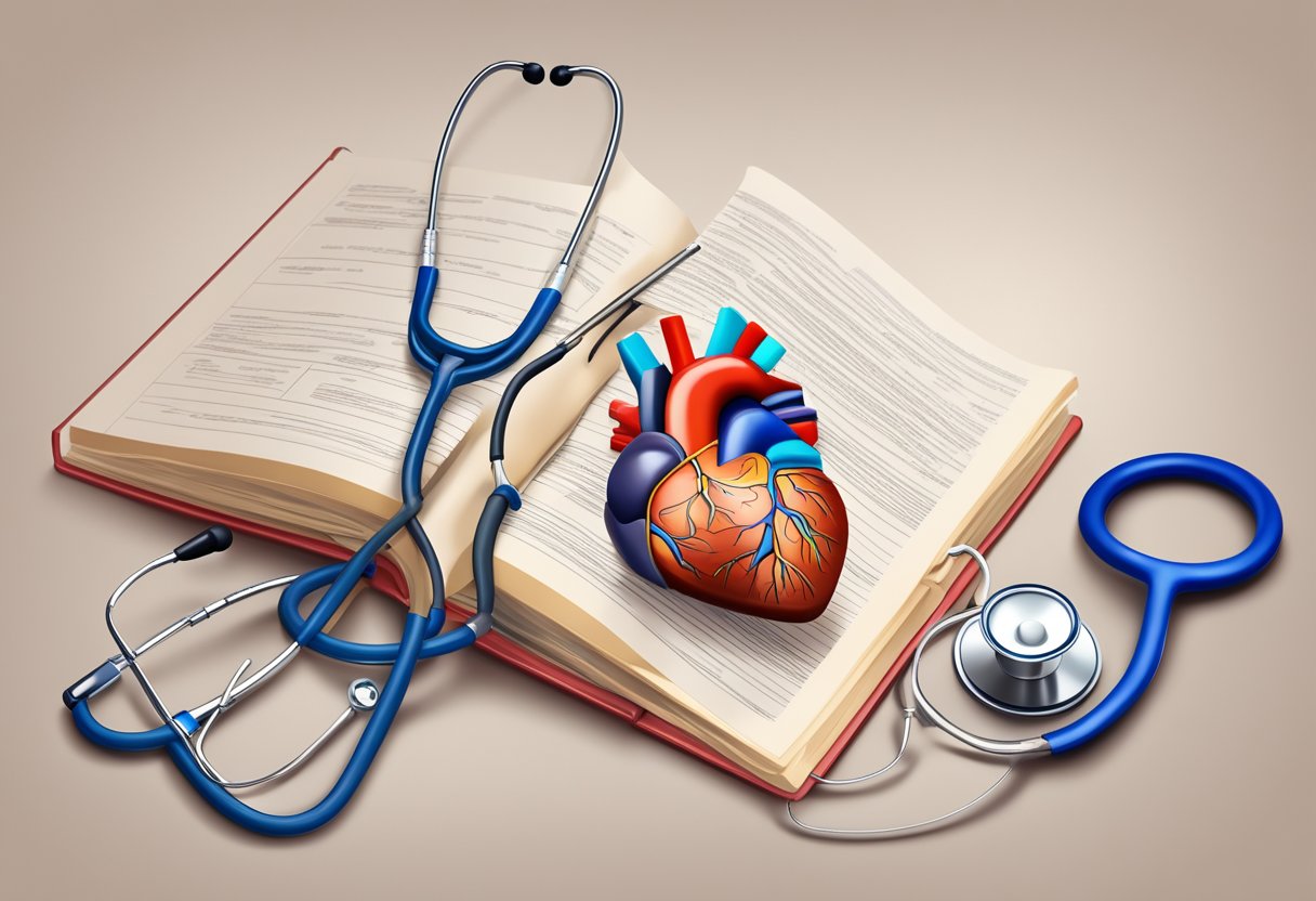 A stack of medical books open to a page on atherosclerotic heart disease, with a stethoscope and heart model nearby