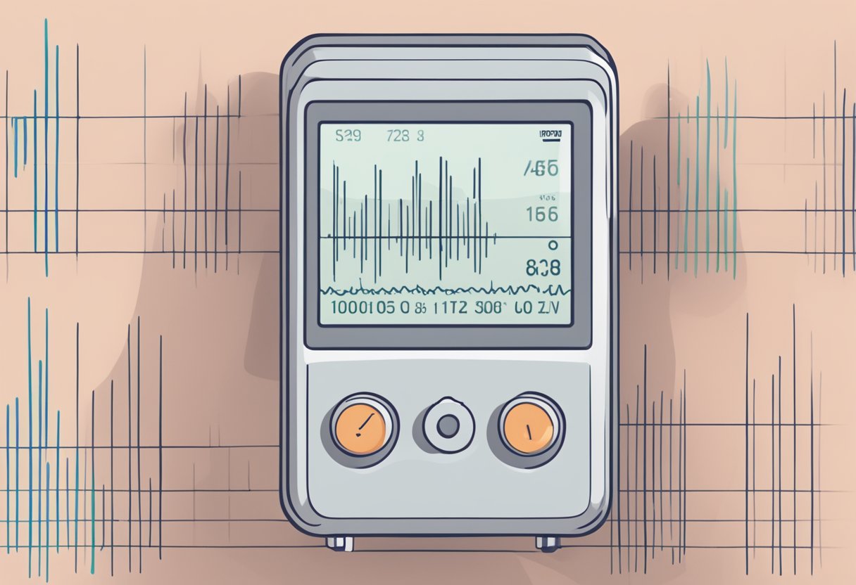 A heart rate monitor displays a steady, low number. A person's hand is not visible