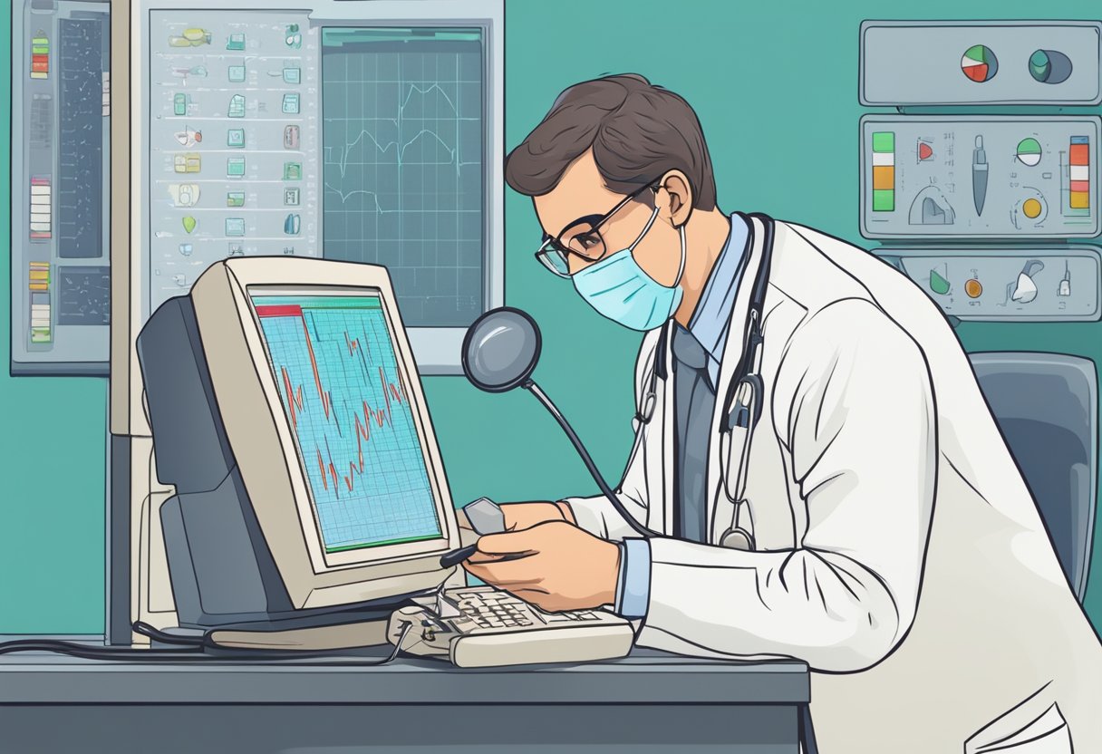 A cardiologist carefully examines an ECG monitor for irregularities