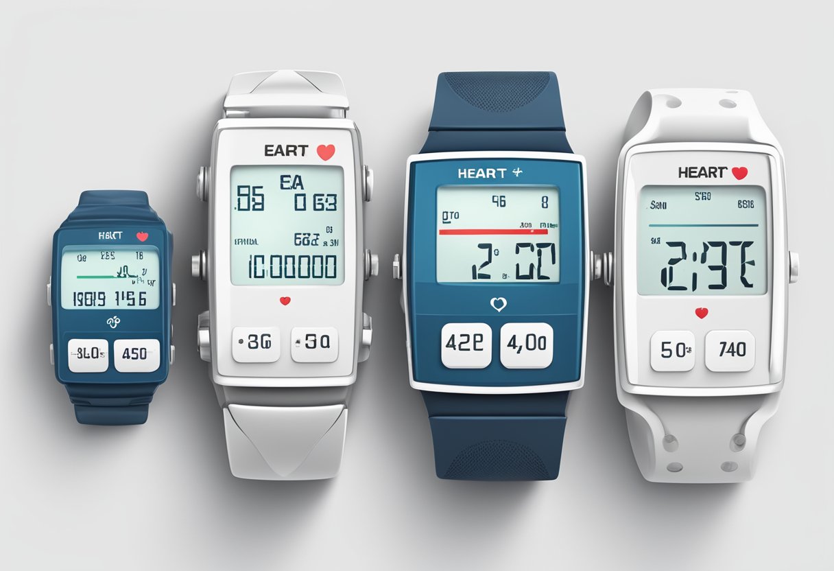 A series of heart rate monitors display different numbers next to age labels on a clean, white background