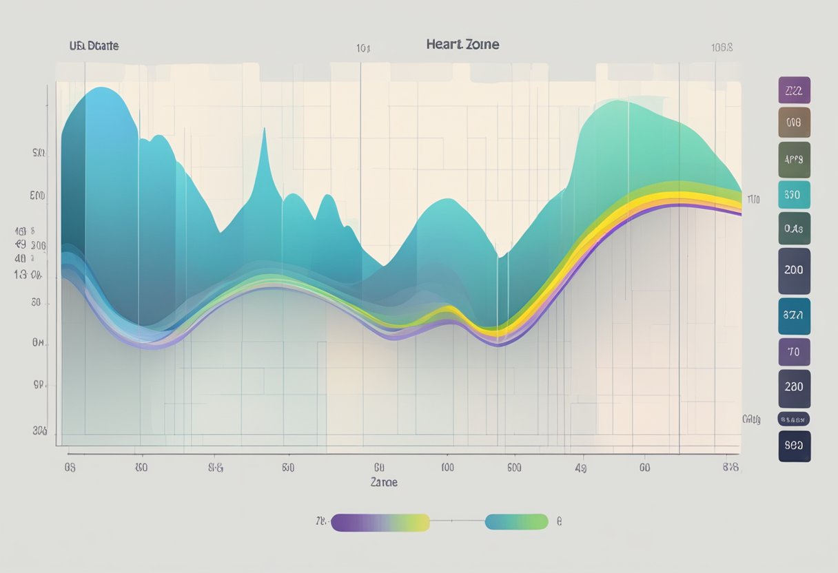 A colorful graph displays heart rate zones, with distinct sections for resting, moderate, and intense activity