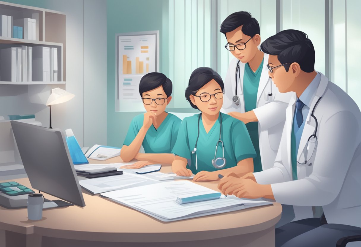 A heart doctor in Singapore carefully examines a patient's medical records and discusses treatment options with a concerned family
