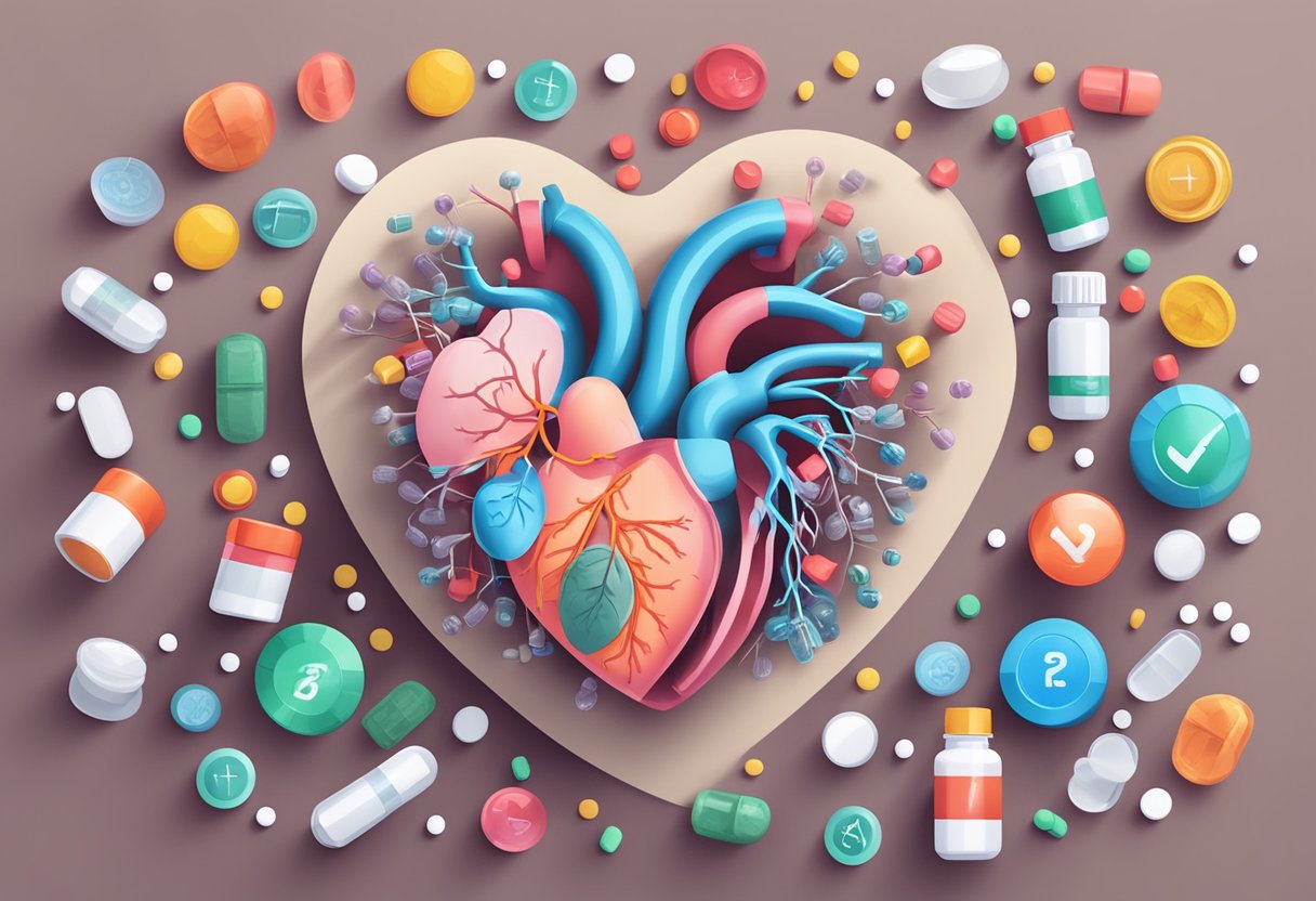 A heart surrounded by warning signs and pills, depicting the potential side effects of creatine