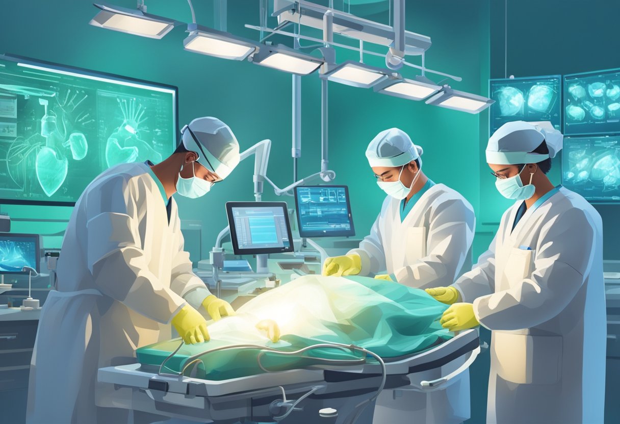 Surgeons perform open heart surgery in a brightly lit operating room, surrounded by medical equipment and monitors. A team of professionals work together with focused concentration