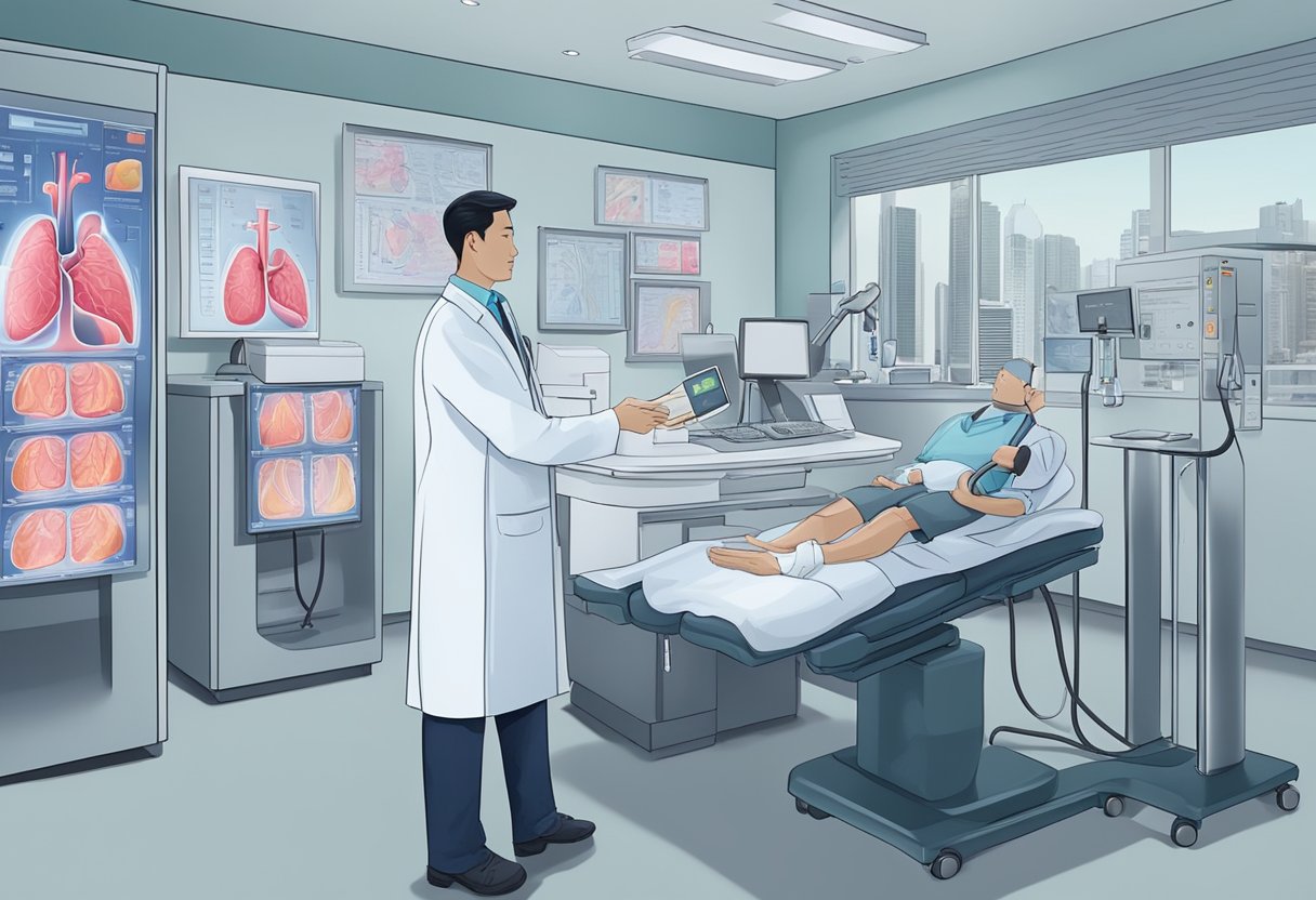 A cardiologist in Singapore examines a patient's heart scans and discusses treatment options