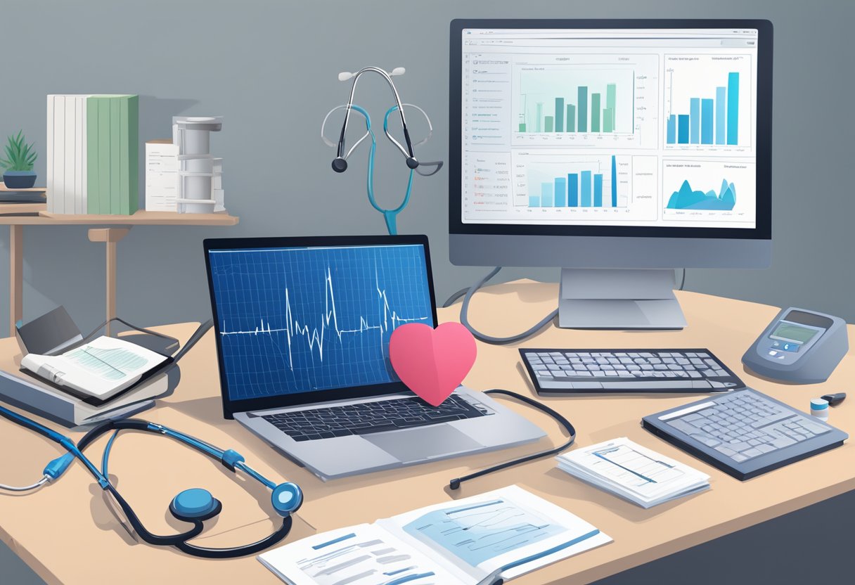 A stethoscope rests on a desk next to a stack of medical journals and a diagram of the heart. A computer screen displays an EKG graph