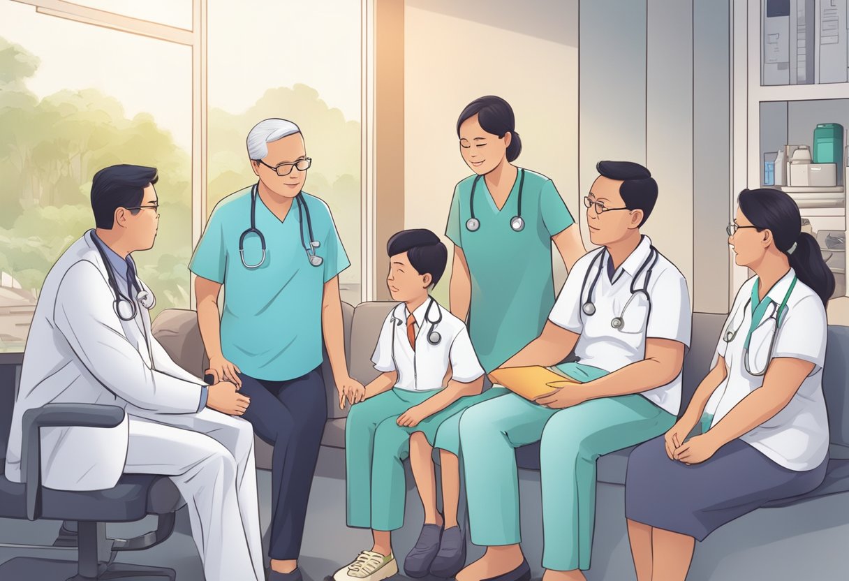 A doctor in Singapore explains heart conditions to a patient's family using diagrams and medical equipment