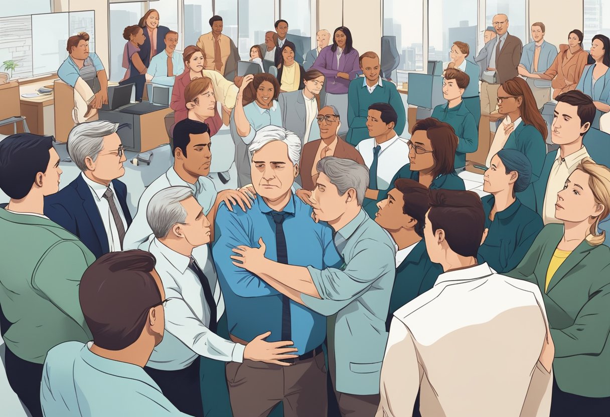 A person clutching their chest, surrounded by concerned coworkers, in an office setting