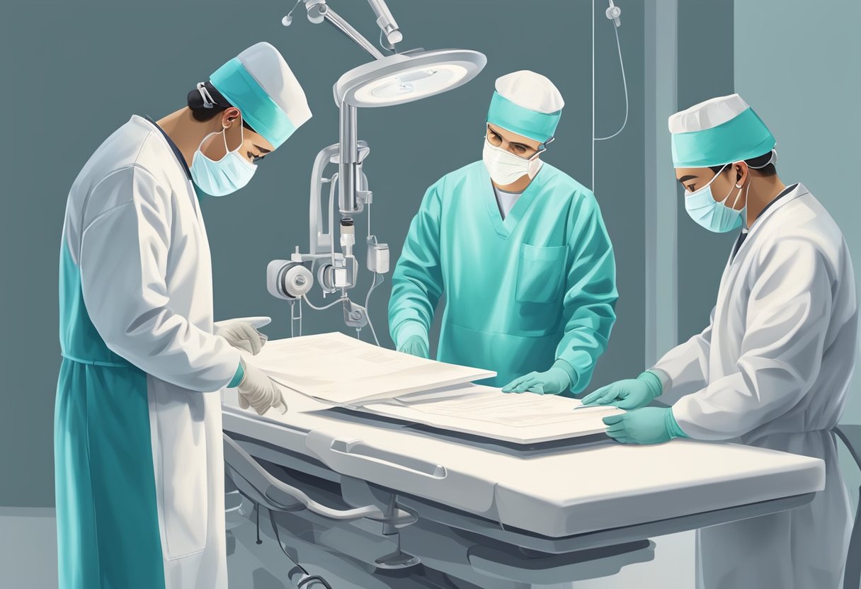 Surgeons review patient's charts, discuss procedure, and prepare operating room for open heart surgery