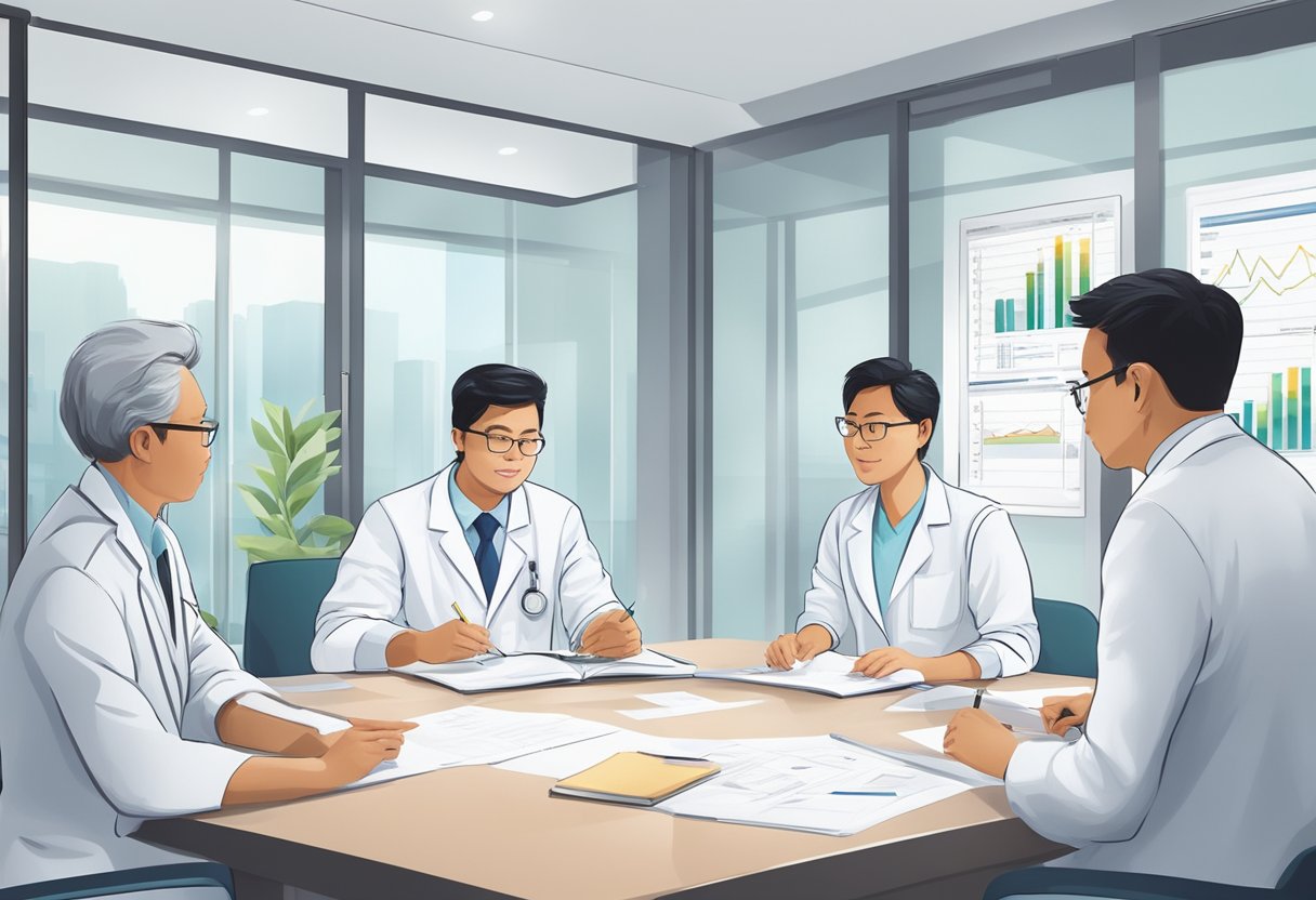 A cardiologist in Singapore reviews patient charts and consults with colleagues in a modern, well-lit clinic
