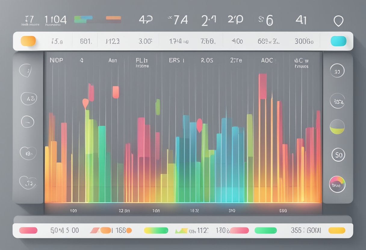 A heart rate monitor displays different zones: resting, moderate, intense, and maximum, each represented by a specific color