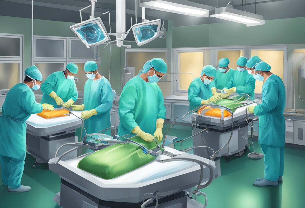 Surgeons perform open heart surgery, using specialized tools and equipment in a sterile operating room