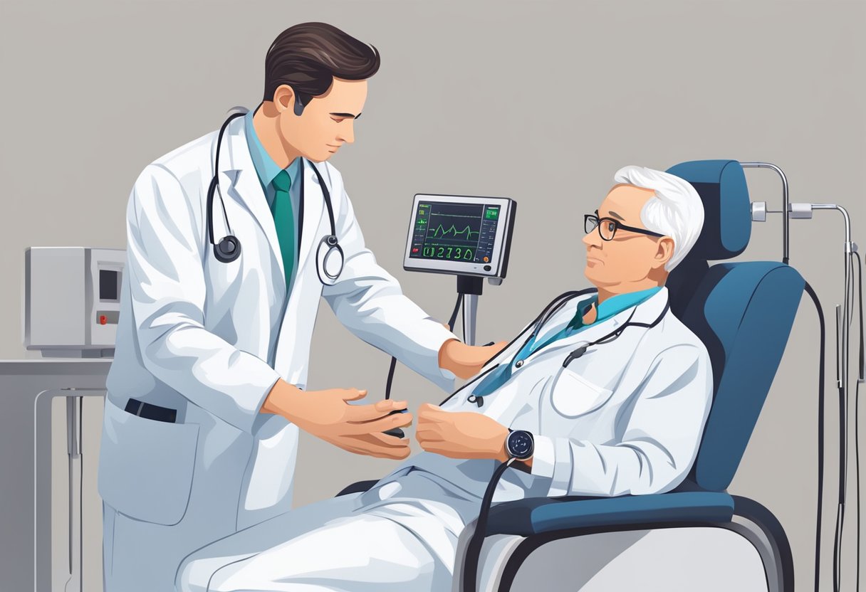 A cardiologist examines a patient's heart monitor