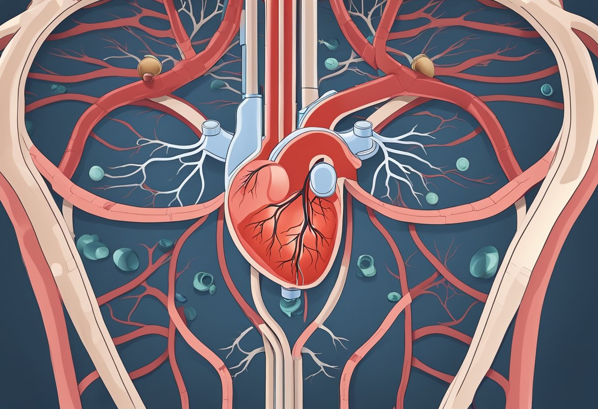 A heart pumping blood through the circulatory system, with labeled chambers and valves