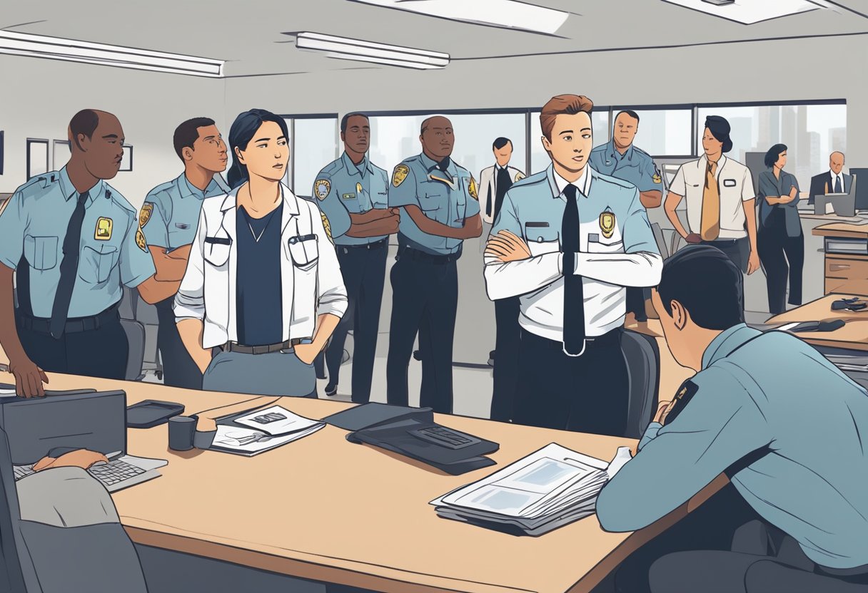 A person clutching their chest in an office setting, surrounded by concerned coworkers and emergency responders