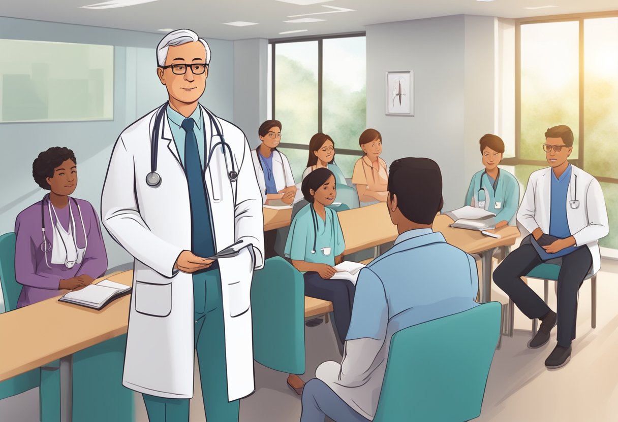 A cardiologist surrounded by a group of patients, answering their questions with a confident and reassuring demeanor