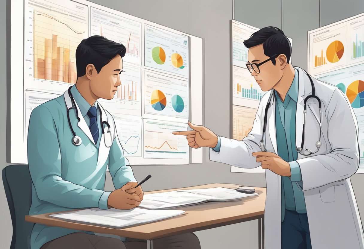 A doctor in Singapore discusses heart condition treatment options with a patient, pointing to diagrams and charts on the wall